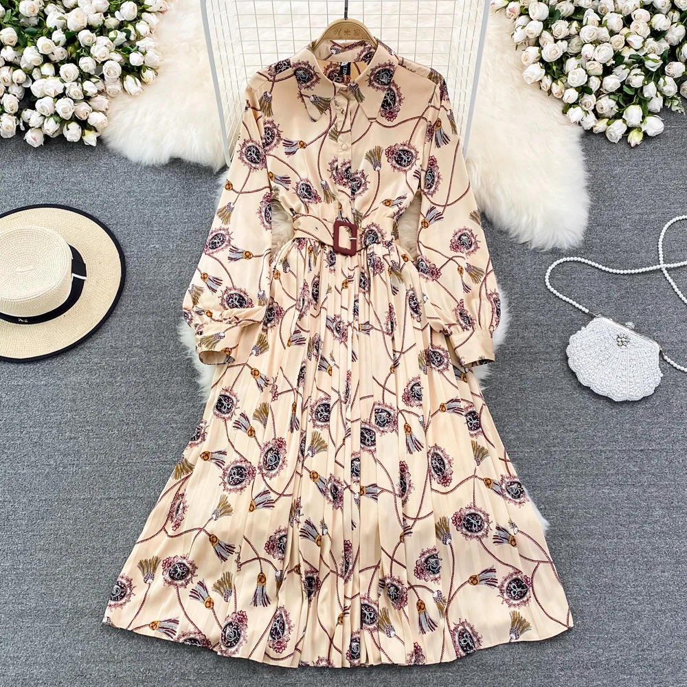 

YIZZHOY Spring Autumn New Lapel High Waist Casual Single Breasted Pleated Dress Fashion Casual Elegant A-Line Dresses White Belt