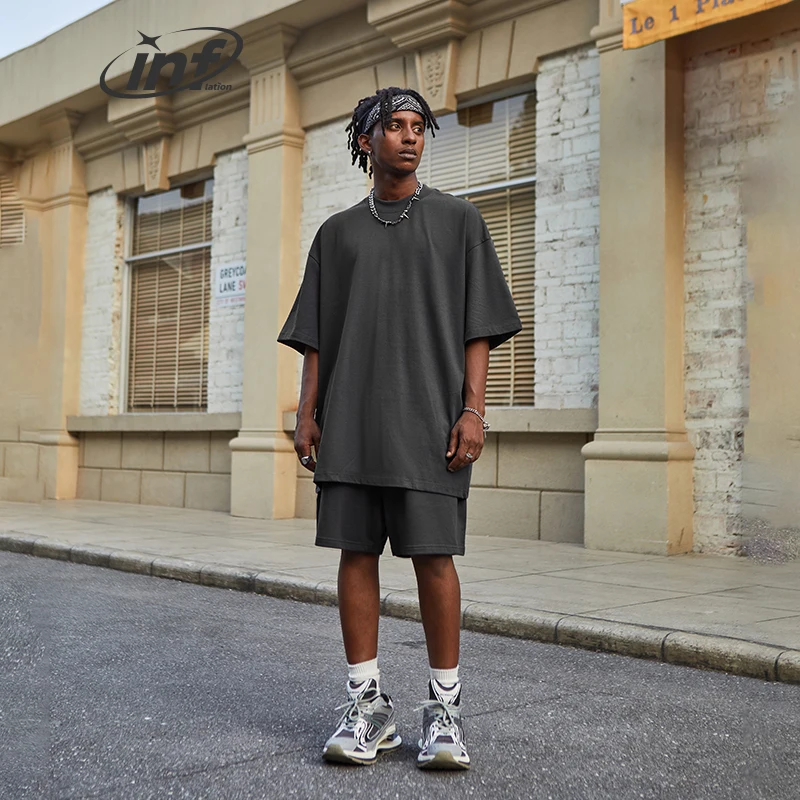 INFLATION Summer Heavyweight 100% Cotton Tracksuit Set Unisex Candy Color Oversize Tshirts and Shorts Set (not 100% same color)