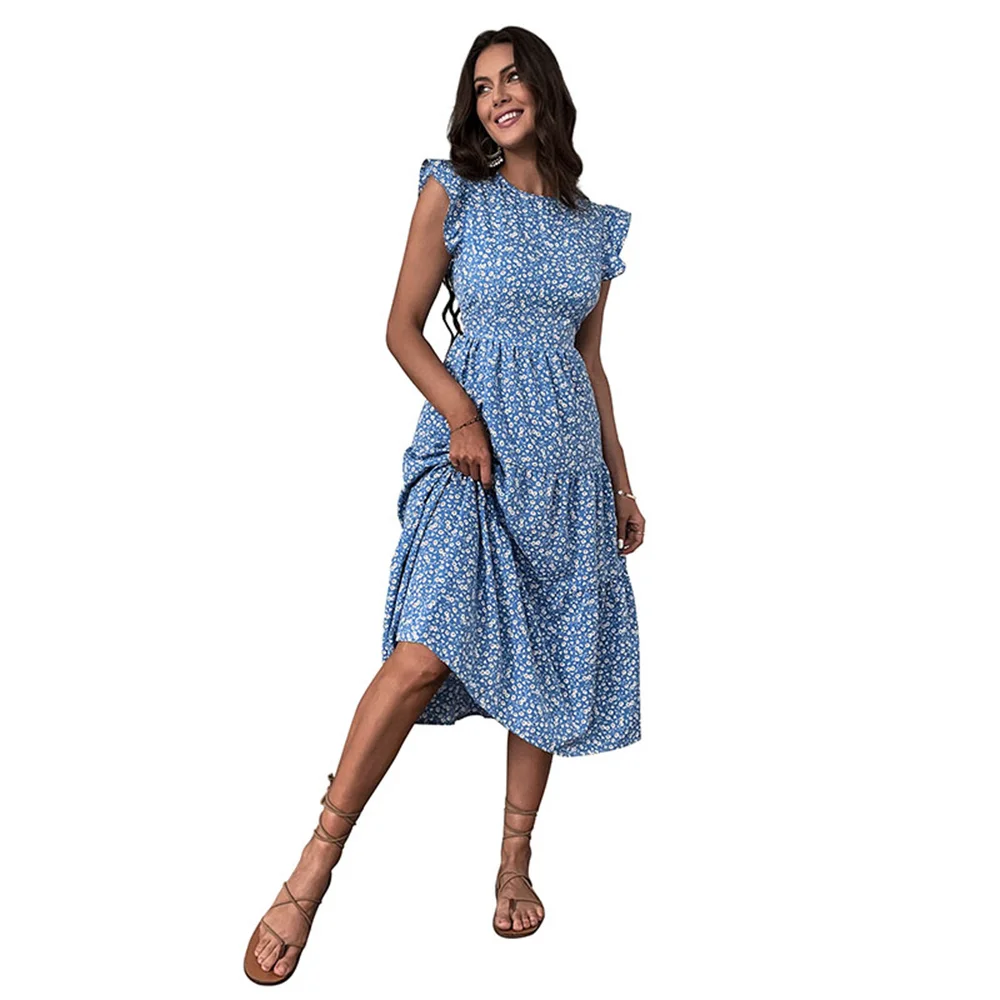 

Summer Ladies Dress Retro High Waist Blue Floral Slim Dress New 2022 Women Round Neck Flying Sleeve A-Line Midi Dresses Vestidos
