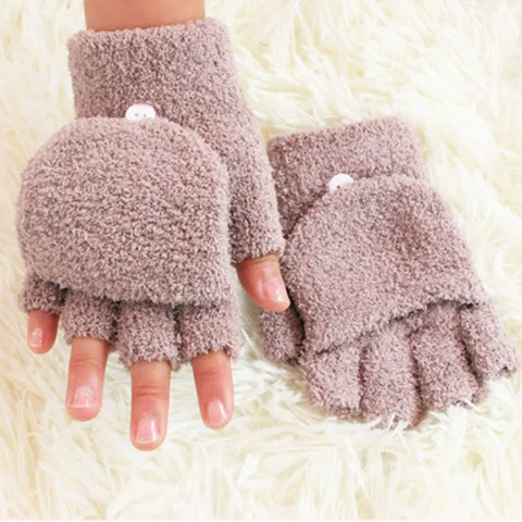 Женские зимние теплые перчатки, однотонные мягкие перчатки из кораллового флиса на полпальца с откидной крышкой, уличные перчатки без пальцев для сенсорных экранов