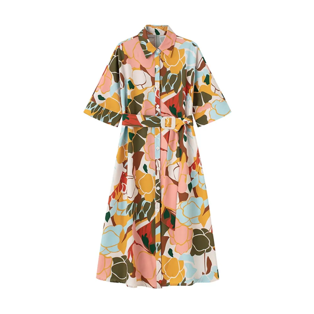 

PB&ZA summer new women's retro one hundred matching belt print shirt-style high waist button dress 8250/167