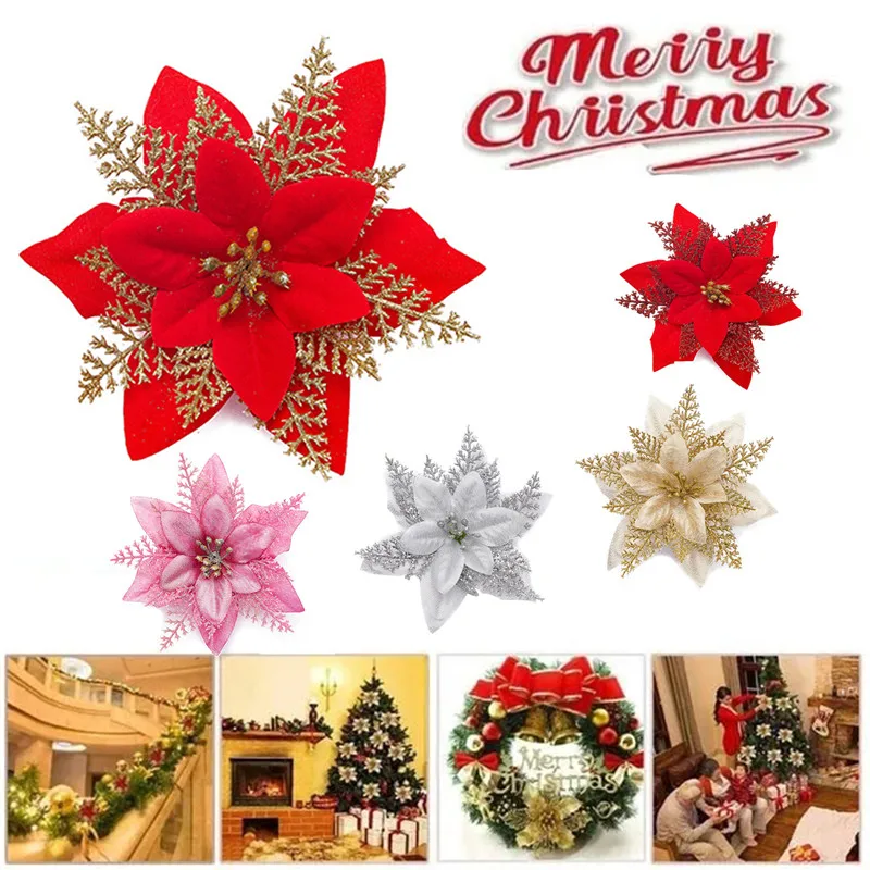 8Pcs Christmas Glitter Artificial Flowers Red Gold Xmas Tree Ornaments Big Flower Heads For Home New Year Party Decor
