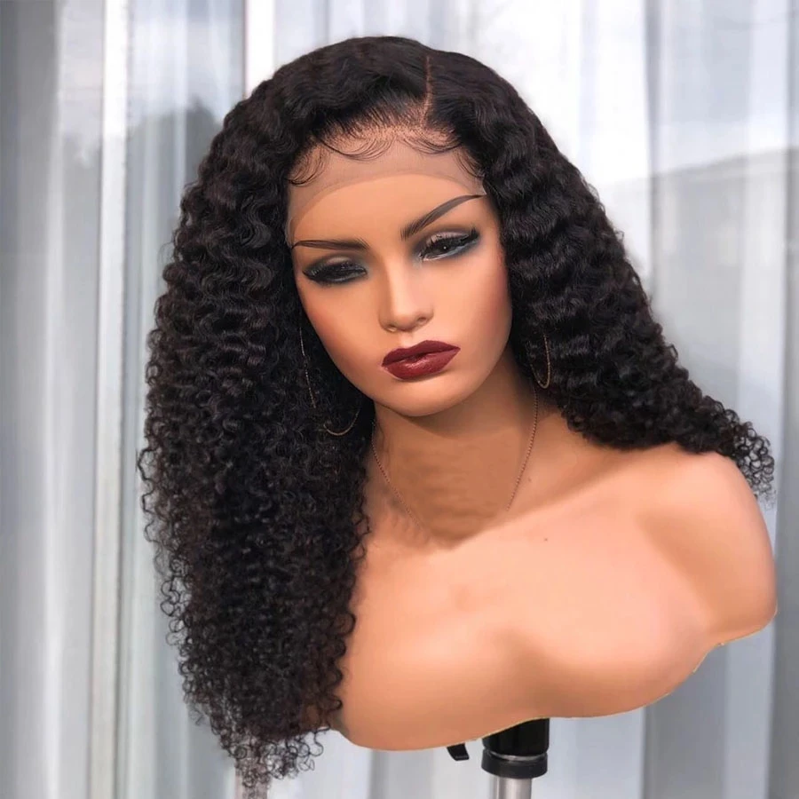 

Pre Plucked Natural Hairline Long Kinky Curly Synthetic Hair Wigs with Baby Hair 180Density Natural Black Transparent Lace Wig