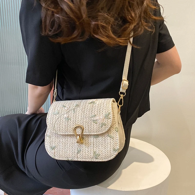 

Lace Flower Straw Woven Bag Shoulder Saddle Bag Messenger Bag for Beach Party