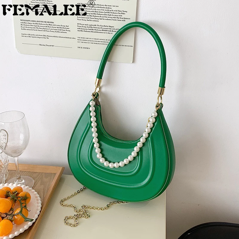 

Pearl Elegant Saddle Bags Women Luxury Designer Handbag Purses 2022 Fashion Double Zipper Half Moon Crescent Hobos Shoulder Bags