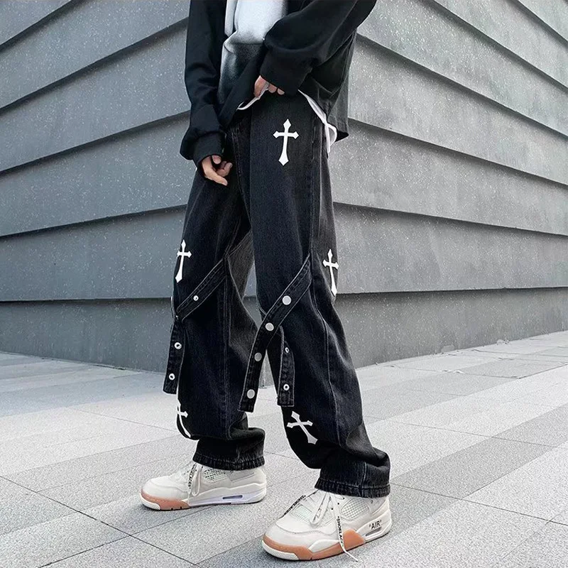 

Men's jeans Streetwear Y2K Embroidery Cross Ribbons Baggy jean Man Black Wide Leg Denim Pants Harajuku loose Trousers Clothes