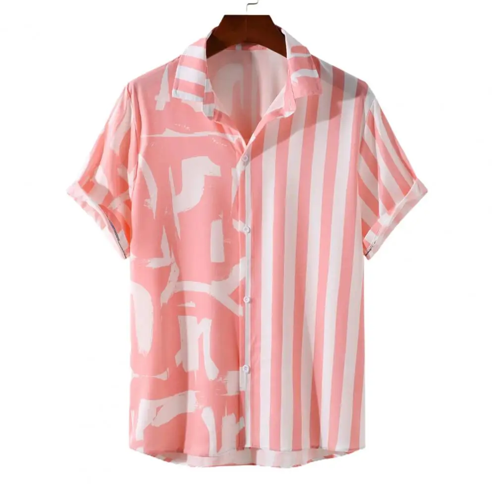 

Men Shirt Striped Print Short Sleeves Loose Friendly to Skin Cardigan Summer Shirt Shirt Men Clothes