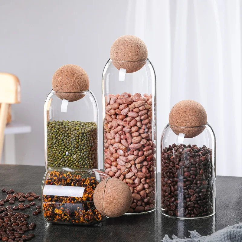 

Glass Bottle Round Ball Sealed Jar Coffee Bean Storage Box Kitchen Coarse Grain Storage Jar Creative Style Cork Tea Jar Material