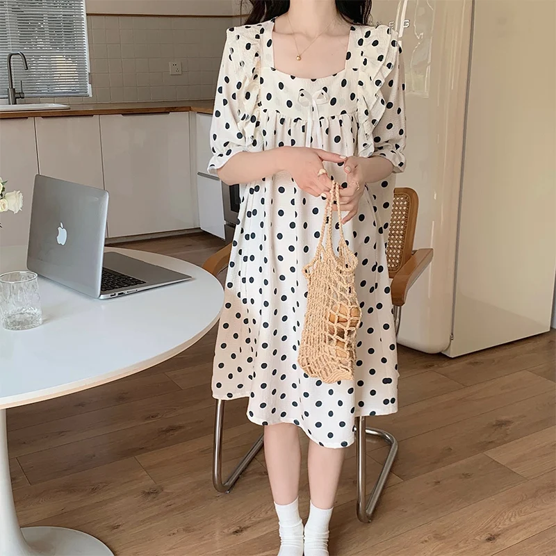 

2023 New Summer Cotton Short Sleeve Cute Lace Nightgowns for Women Korean Polka Dot Sleepwear Night Dress Nightdress Home Nighty