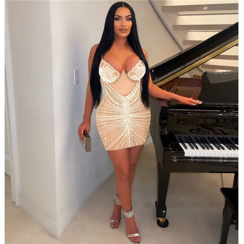 

Znaiml Sexy Party Club Night Mini Bodycon Dress Women Elegant Spaghetti Strap Rhinestone Diamonds Sparkly Birthday Prom Dresses