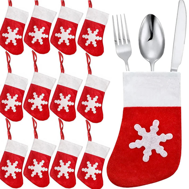 

1/10Pcs Christmas Cutlery Holder Red Cutlery Suit Santa Stocking Pockets Knives Forks Bags Christmas Table Cover for Party Decor