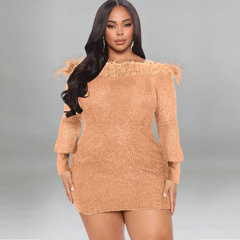 

Winter Dress With Feather Autumn Off Shoulder Glitter Sequined Night Club Party Large Woman Autumn New Long Sleeve Sexy Dress