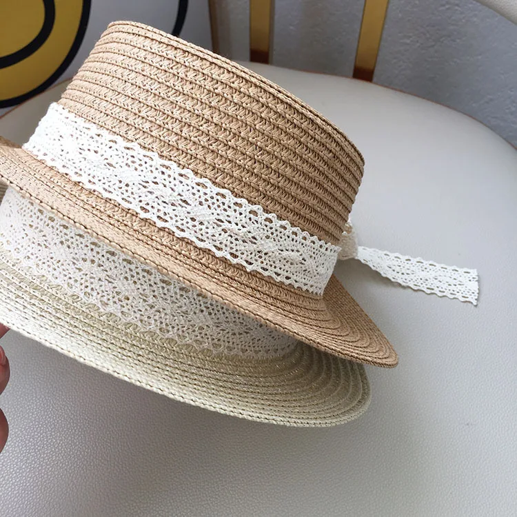 Соломенная шляпа с бантом для девочек простая пляжная от солнца бежевым кружевом