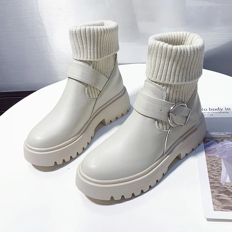 

Women Knitted Ankle Boots Short Warm Shoes Ladies Fashion Buckle Boots Square Heels Platform Shoes Casual Women Shoes
