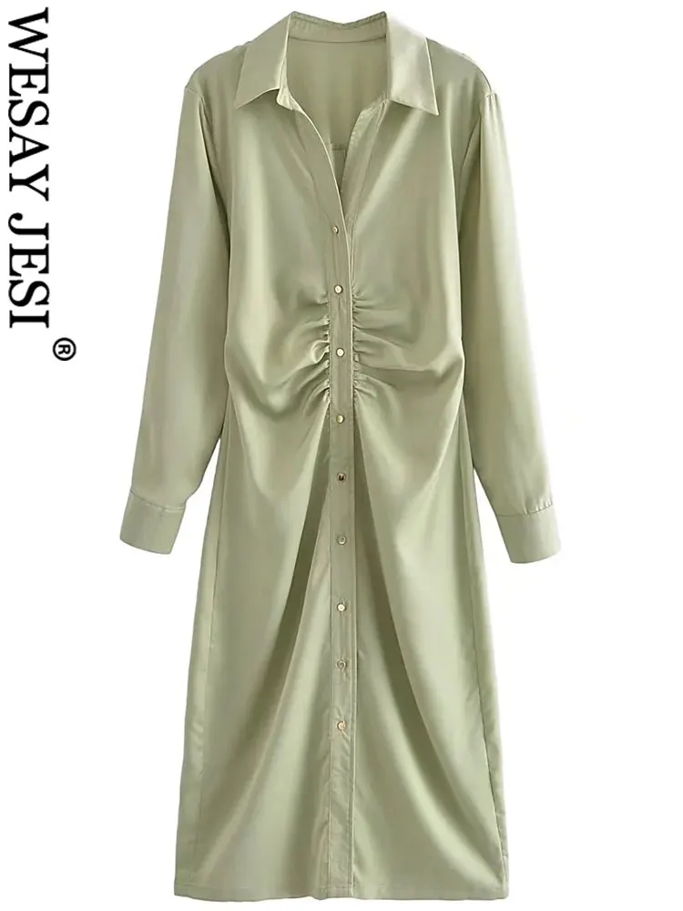 

WESAY JESI Versatile Solid Color Pleated V-Neck Single Breasted Slim Fit Women's Dress Fashion Elegant Skin-Friendly Lady Dress