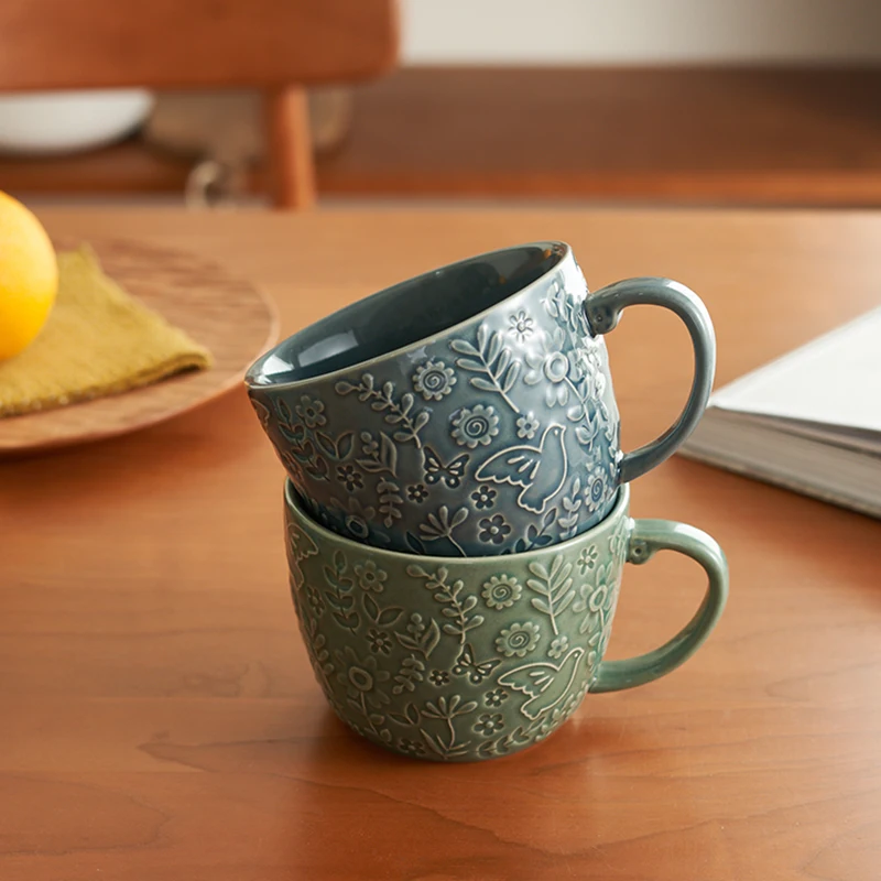 Керамические кофейные чашки QIEKE 500 мл винтажные зелёная синяя