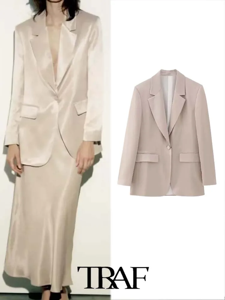 

TRAF Women Blazer 2023 New Fashion Silk Satin Texture Loose Casual Straight Tube Blazer Long Sleeves Blazer Casual Blazer