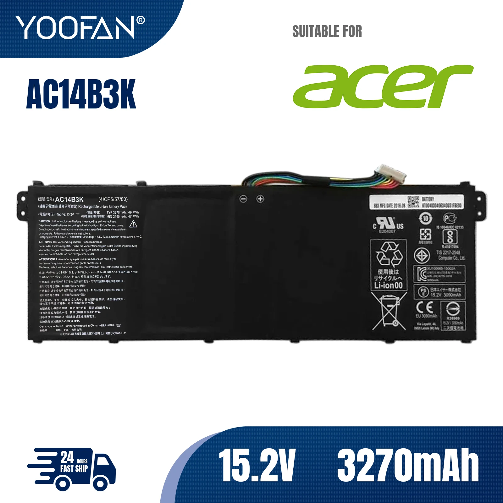 YOOFAN AC14B3K Аккумулятор для ноутбука Acer Aspire R5-571T R5-571TG S14 CB3-511 Swift 3 SF314-51 R 11 R3-131T 15 2 V 3270mAh