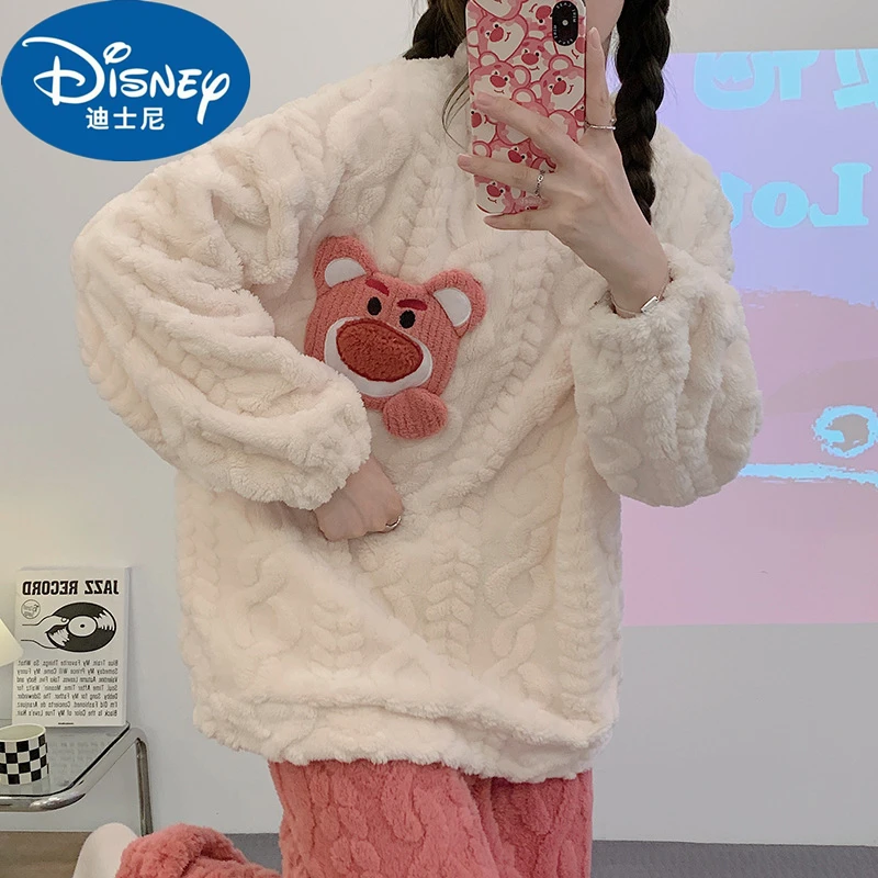 

Disney Kawaii Linabell Lots-O-Huggin Bear Plush Pajamas Winter Women Coral Velvet Round Collar Cartoon Home Casual Nightgown Set