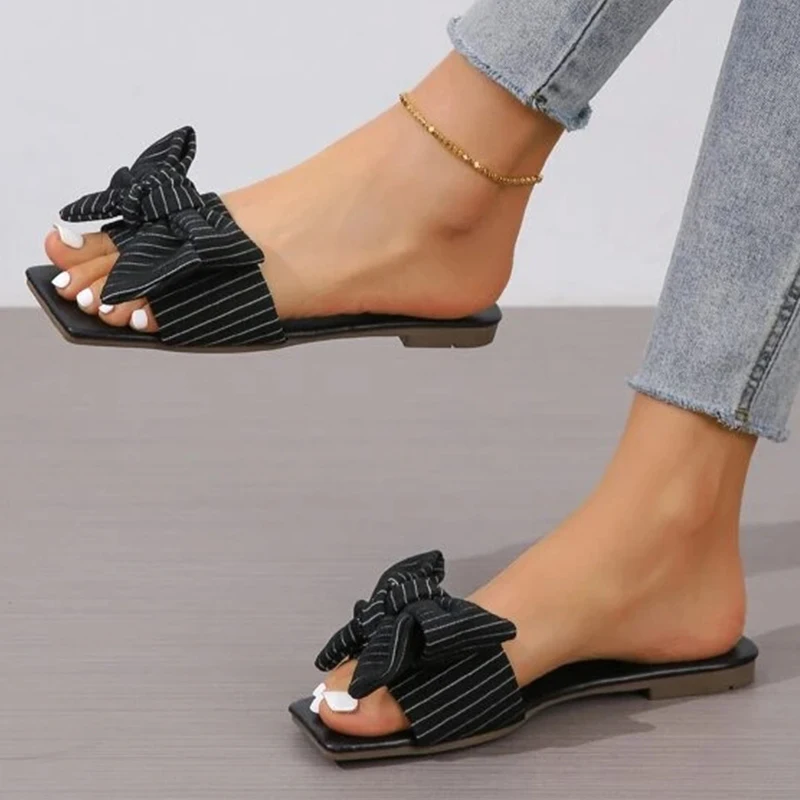 Women Striped Pattern Bow Decor Flat Sandals Preppy Fabric Slides Sandals Big Size Open Toes Home Leisure Women Slippers
