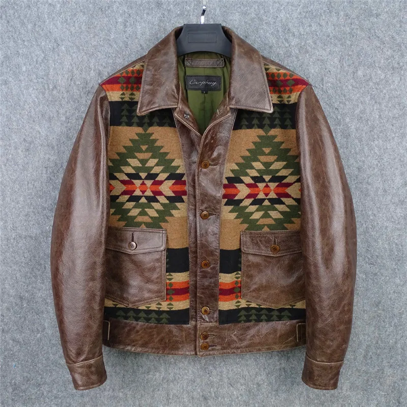 

Layer Vegetable Tanning Wax Changing Head Layer Cowhide Genuine Leather Jacket with Men's Patchwork Navajo Totem Woolen Fabric