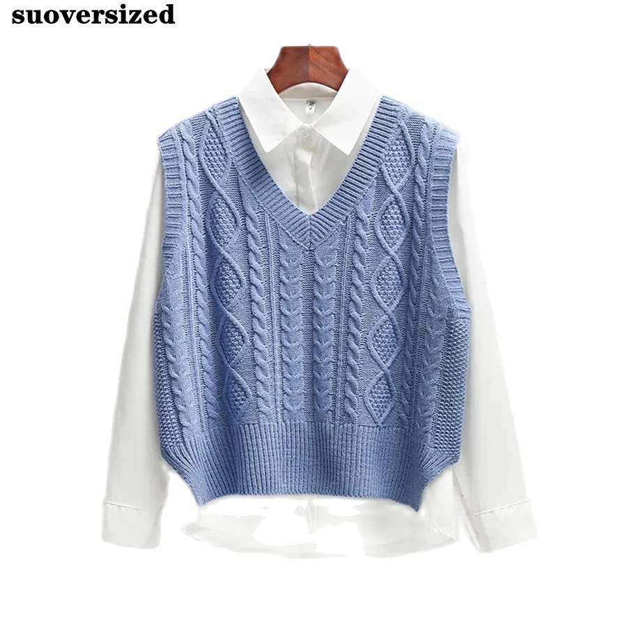 

V Neck Sleeveless Women Loose Knitted Vest Coat Spring Fall Twist Sweater Gilets Casual Korean Pullover Solid Preppy Waistcoat