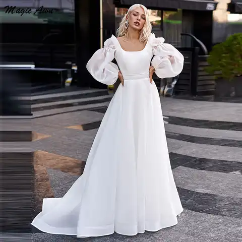 Magic Awn 2022 Boho Wedding Dresses Long Puffy Sleeves Pleats Beaded Simple Organza A-Line Beach Bridal Gowns Vetsidos De Novia