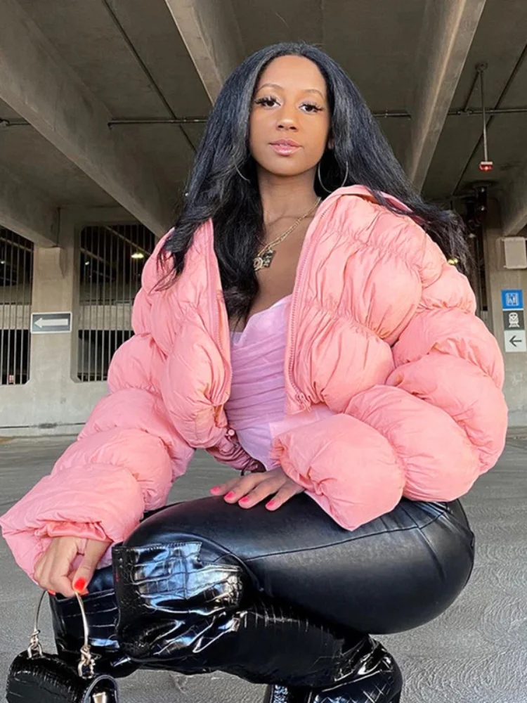 Winter Fashion Stand Collar Zipper Pink Puff Parkas for Women 2022 Casual Warm Cotton Padded Coat Ladies Sweet Jackets Outerwear