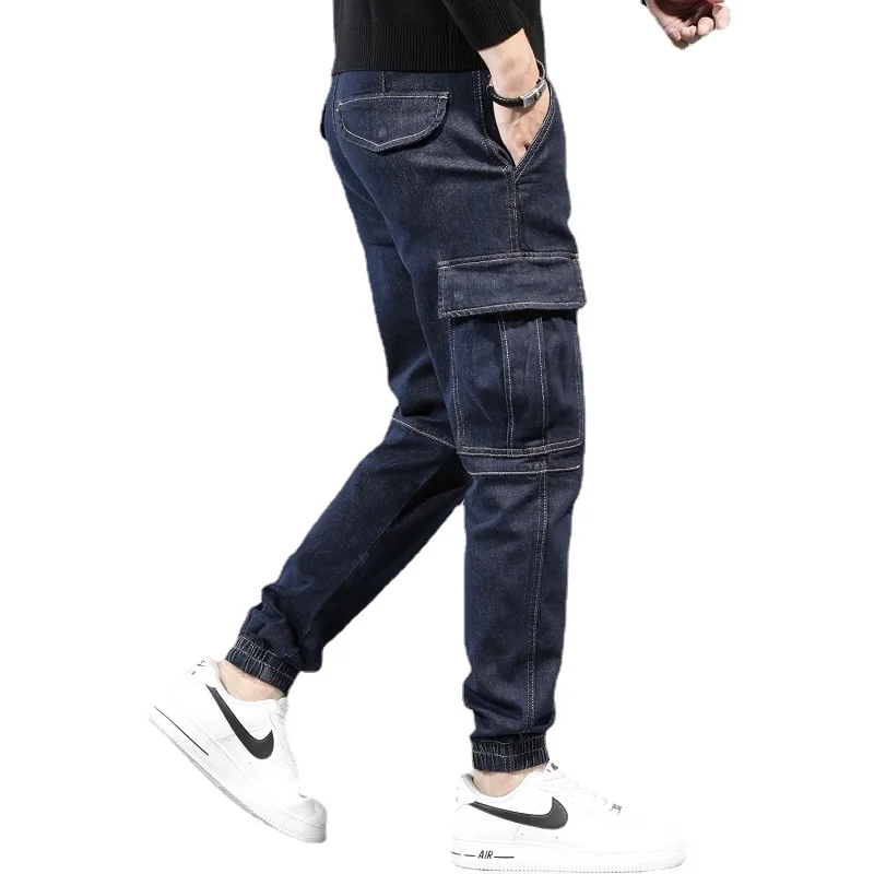 Fashion Jeans Men Cargo Pants Tactical Dark Blue Jean Streetwear Hip Hop Casual Stretch Denim Trousers