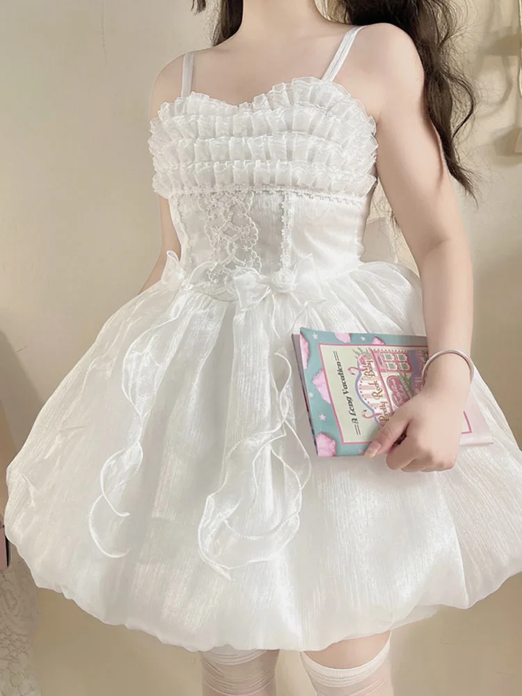 

KIMOKOKM Summer Kawaii Lolita Princess JSK Dress Square Collar Bow Ruffles Sleeveless Lace Sweet White Cosplay Camisole Dresses