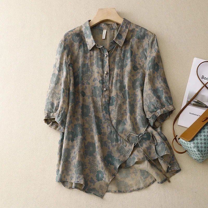 Лето 2023 новый свободный топ винтажная рубашка с цифровой печатью женская из