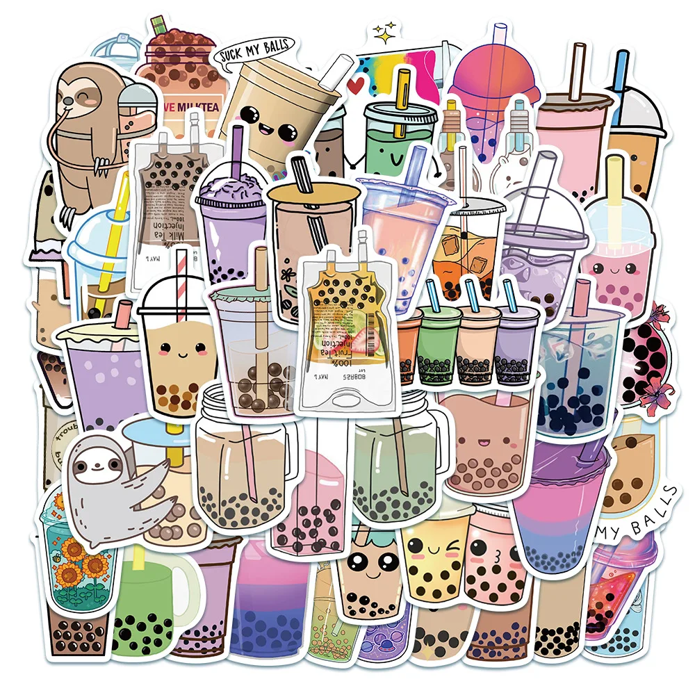 

50PCS Kawaii Bubble Tea PVC Sticky Graffiti Sticker Aesthetic Stationery Child Decorative Scrapbooking Accessories for kids