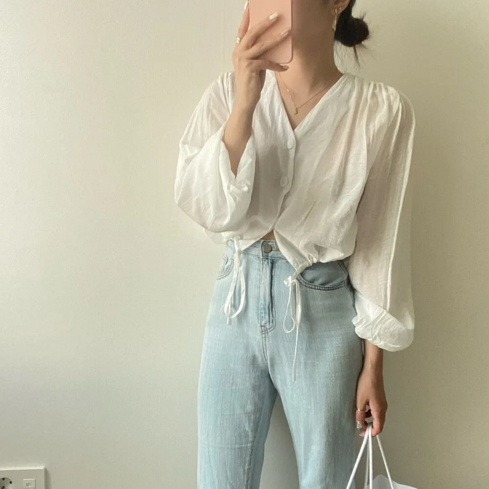 Повседневные рубашки с длинными рукавами на шнурке женская блузка v-образным