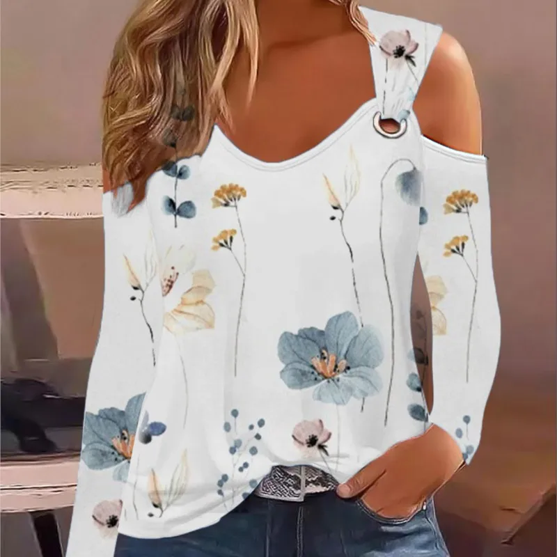 

2023 Autumn Women Top Printed Metal Buckle Strap Off Shoulder Long Sleeve V-Neck Blouse Femme Fashion Casual Blusa Mujer Moda