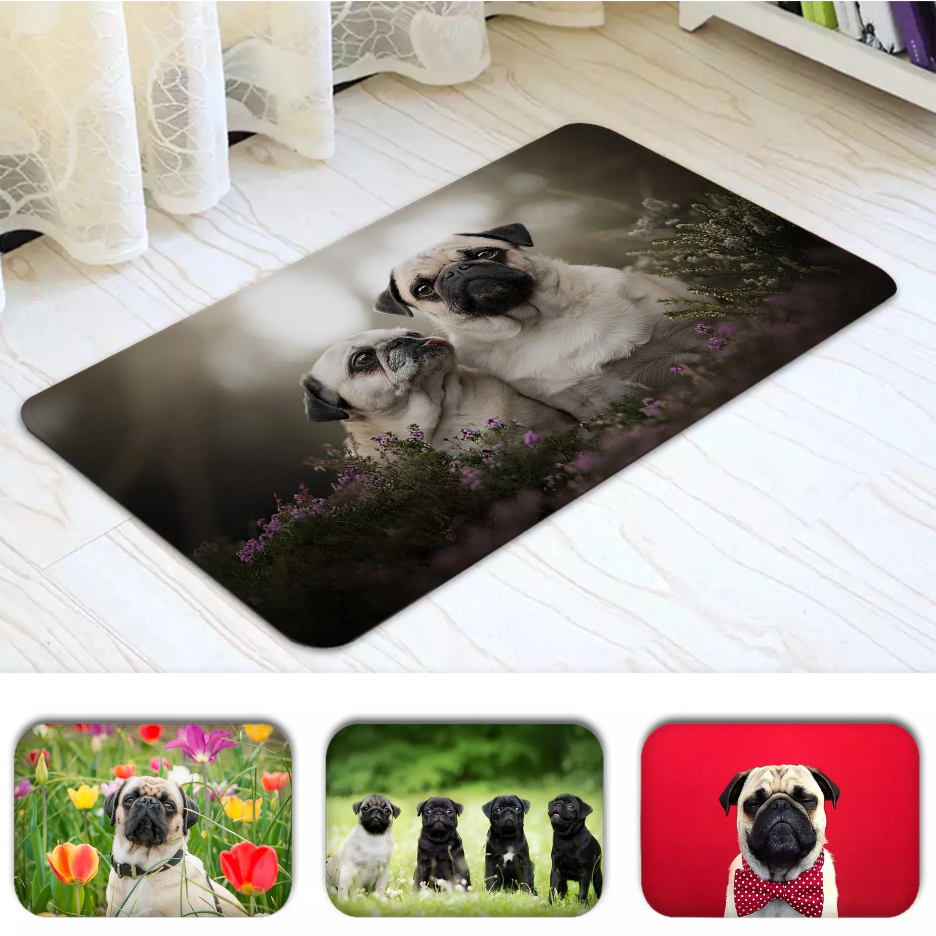 

Dog Pug Long Rugs Anti-slip Absorb Water Long Strip Cushion Bedroon Mat Alfombra
