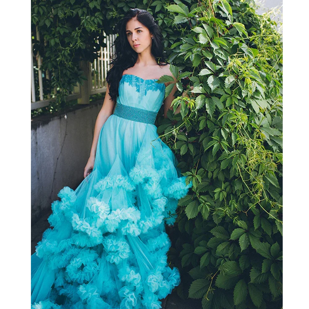 

Blue Prom Dresses Tulle Sexy Off-Shoulder A-Line Fashion Celebrity Evening Gowns Formal Beach Party Robe Vstido De Noche فستان س
