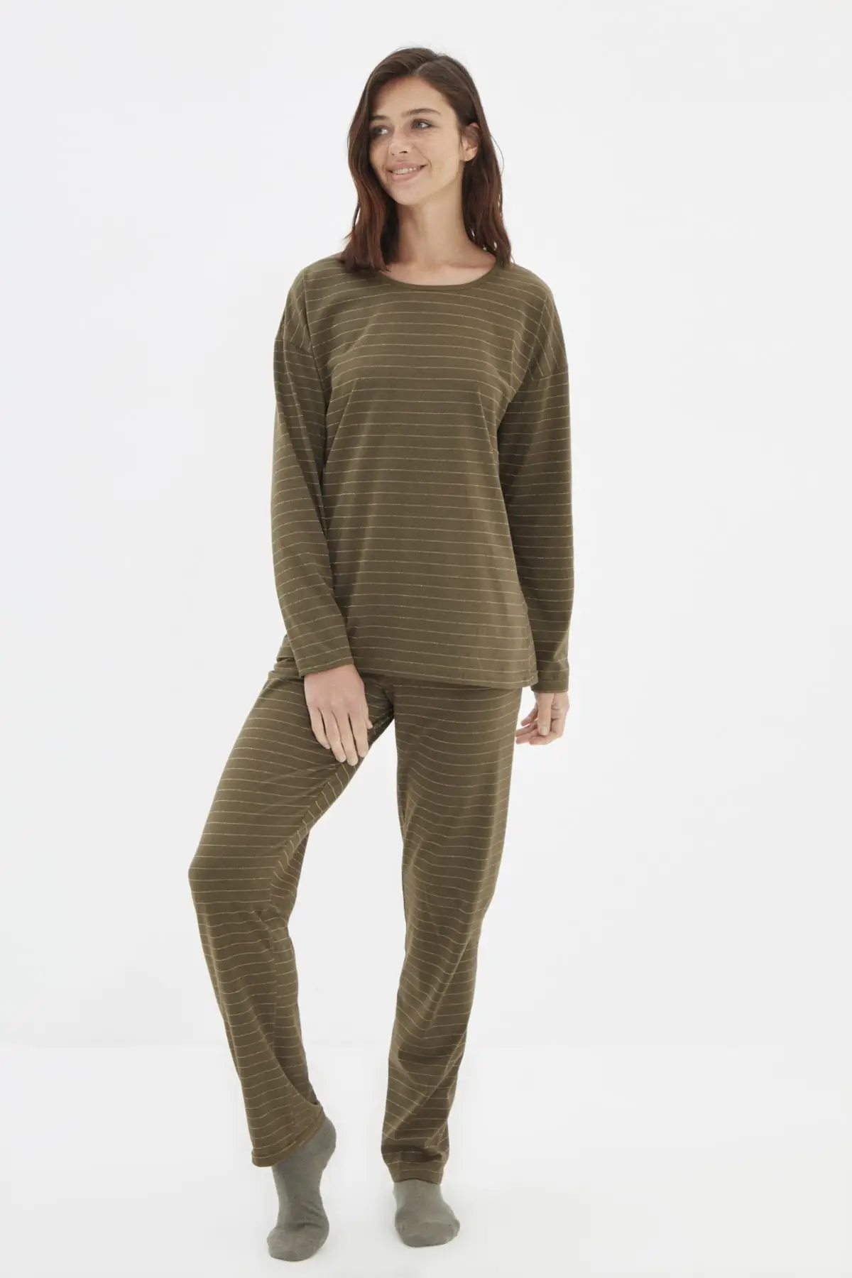 

Trendyol Khaki Striped Knitted Pajamas Set THMAW22PT1436