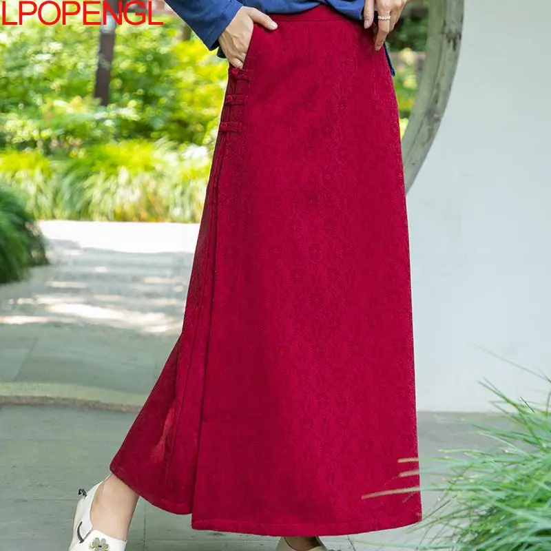 Женская винтажная юбка из хлопка и льна однотонная длинная трапециевидная