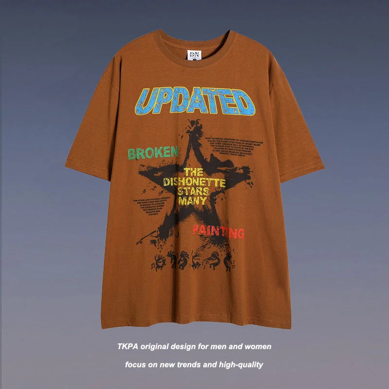 

Tkpa five pointed star graffiti print round neck Pure Cotton Street Guochao loose high street hip hop short sleeve t-shirt men