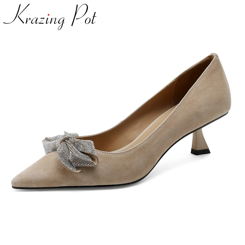 Krazing Pot sheep suede pointed toe strange high heels rhinestone butterfly-knot beauty lady evening party sweet women pumps L13