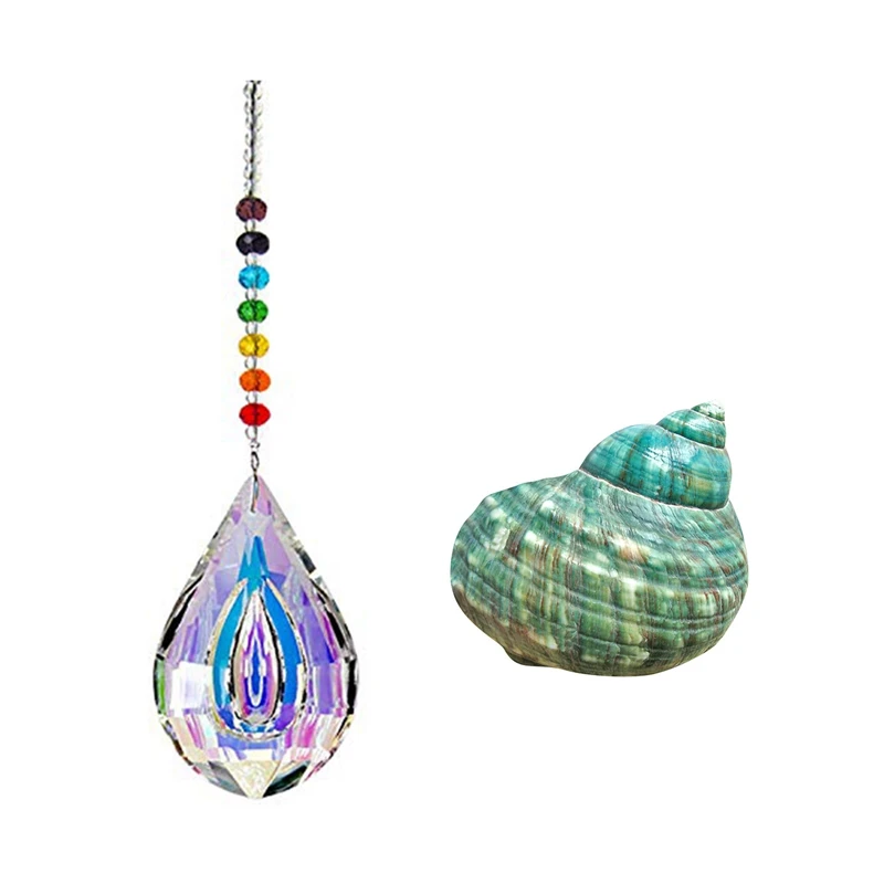 

2Pcs Home Decorations: 1 Pcs Sun Catcher Feng Shui Crystals Window Drop Prism & 1 Pcs 10CM Green Turbo Sea Shell Conch