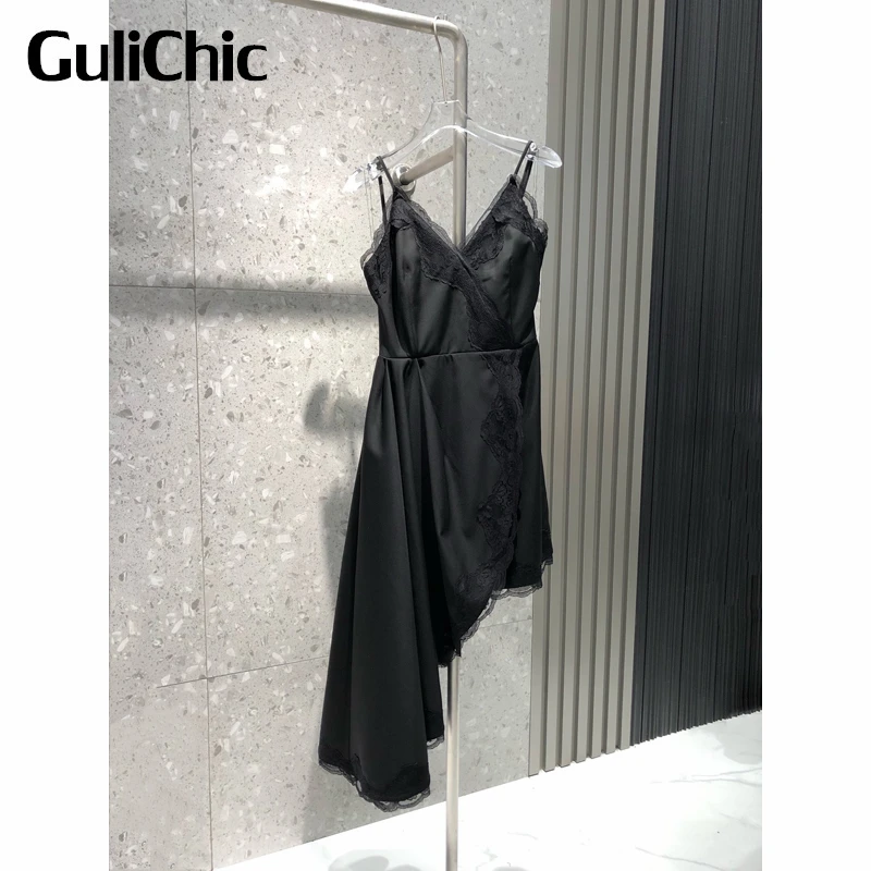 

8.16 GuliChic Women High Street Sexy Backless Spaghetti Strap V-Neck Lace Patchwork Slim Asymmetric Dress