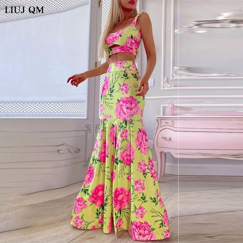 

Large Size Summer 2 Piece Set Women Crop Top + High Waist Long Skirt Set Maxi Matching Sets Printed Boho Sexy Beach Dresses Set