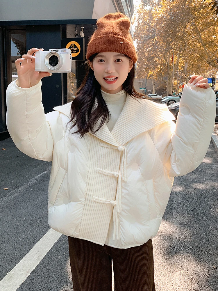 Корейская модная вязаная лоскутная куртка-пуховик с большими лацканами женская