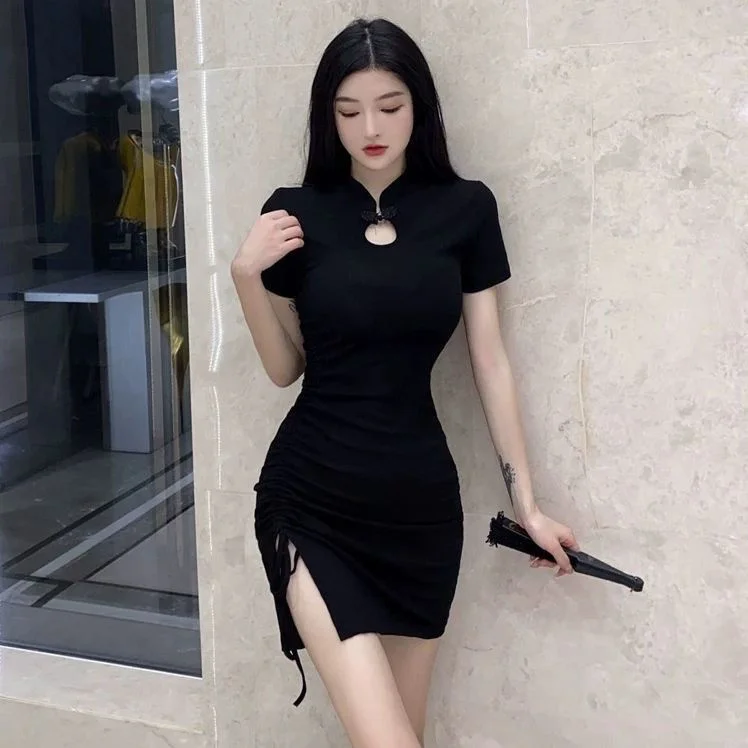 

Женское платье-Ципао с разрезом, облегающая короткая юбка с запахом, пикантная ажурная юбка, 2023