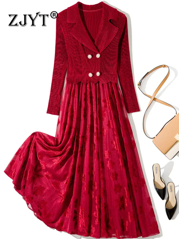 

ZJYT Autumn Winter Pleated Patchwork Velvet Dress for Women Christmas Party Vestidos Turn Down Collar Vintage Robes High Strecth