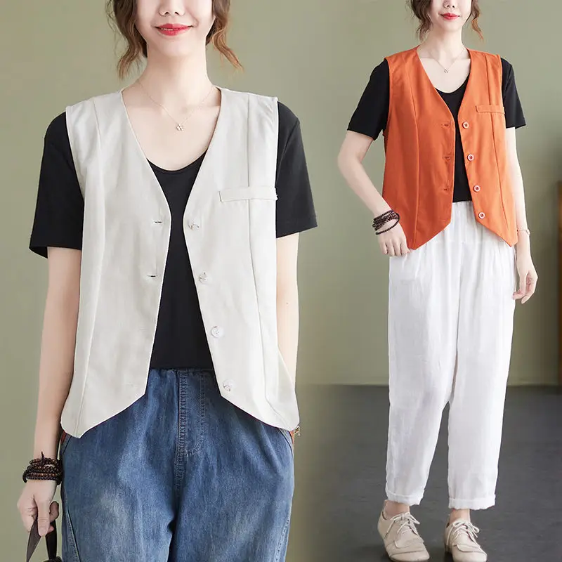 

Linen Vest Women's Short Section 2022 New Summer Thin Style V-Neck Top Sleeveless Waistcoat Korean Casual Jacket h1410