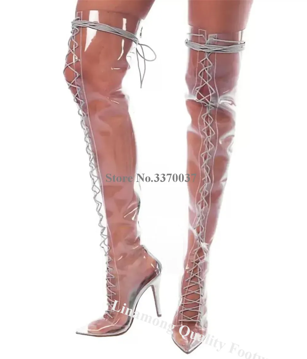 Linamong Sexy Transparent PVC Thin Heel Over Knee Boots Pointed Toe Lace-up Stiletto Heel Long Boots Party Heels