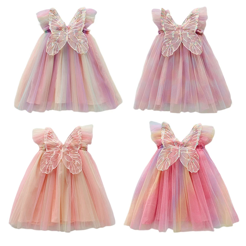 

Summer New Dress for Girl Sweet Flying Sleeve Rainbow Stereoscopic Wings Mesh Kid Birthday Dresses Cute Baby Girl Princess Dress