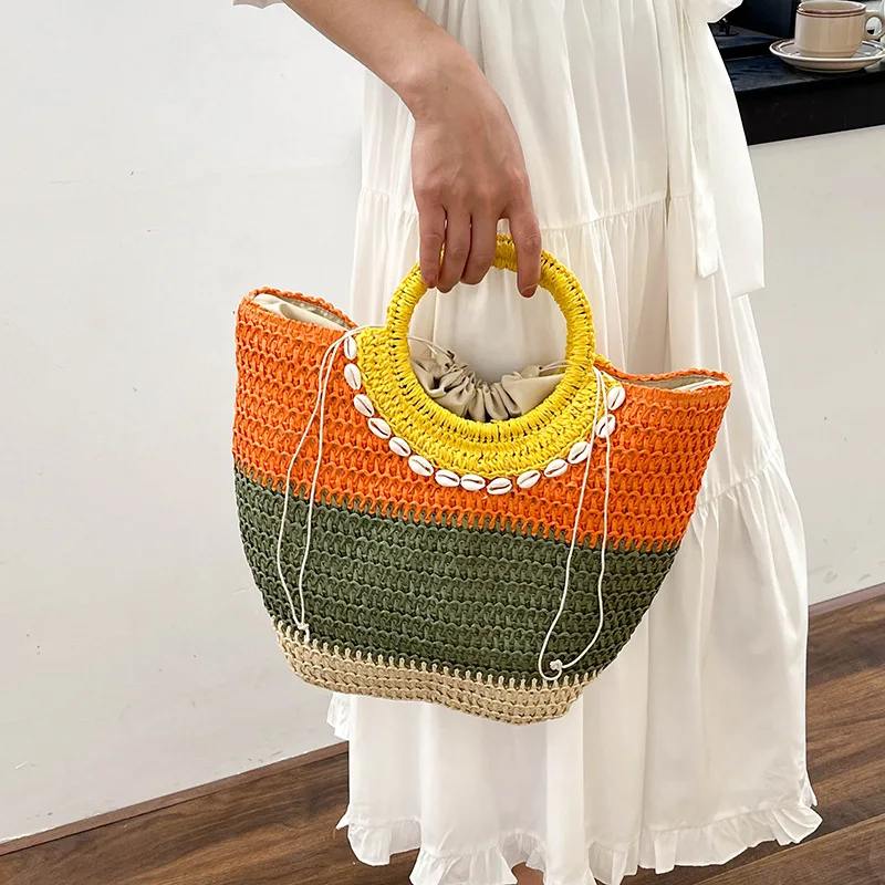 

Summer Handmade Straw Handbags Rattan Wicker Large Capacity Drawstring Basket Bag Fashion Handle Crochet Totes Beach Bag